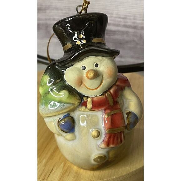 Porcelain Snowman Ornament 3" Tree Cutting Mittens Christmas - Picture 1 of 1